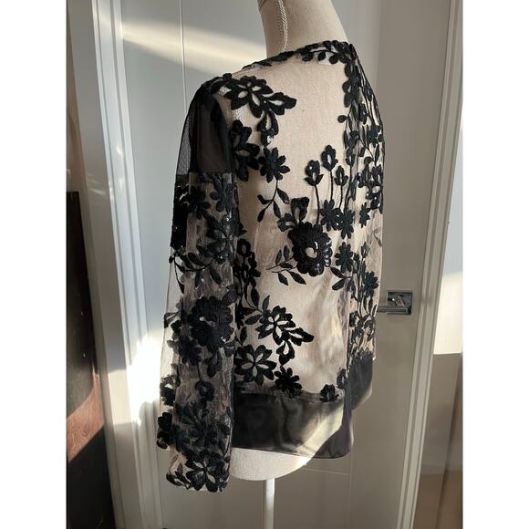 Vintage Kathy Cole Black Sheer Lace Floral Sequin Blouse Top Dark Romance 12 USA - Picture 7 of 13